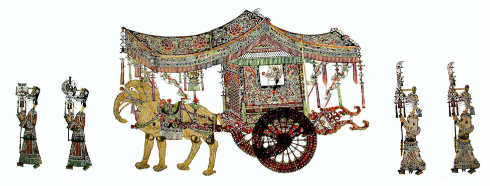 An ornate Chinese shadow-puppet procession featuring an elephant-drawn carriage flanked by four attendants.